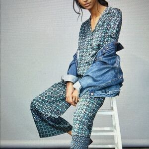 Anthropologie Morgan Geometric Print Waistless Wide Leg Jumpsuit Size L Pockets